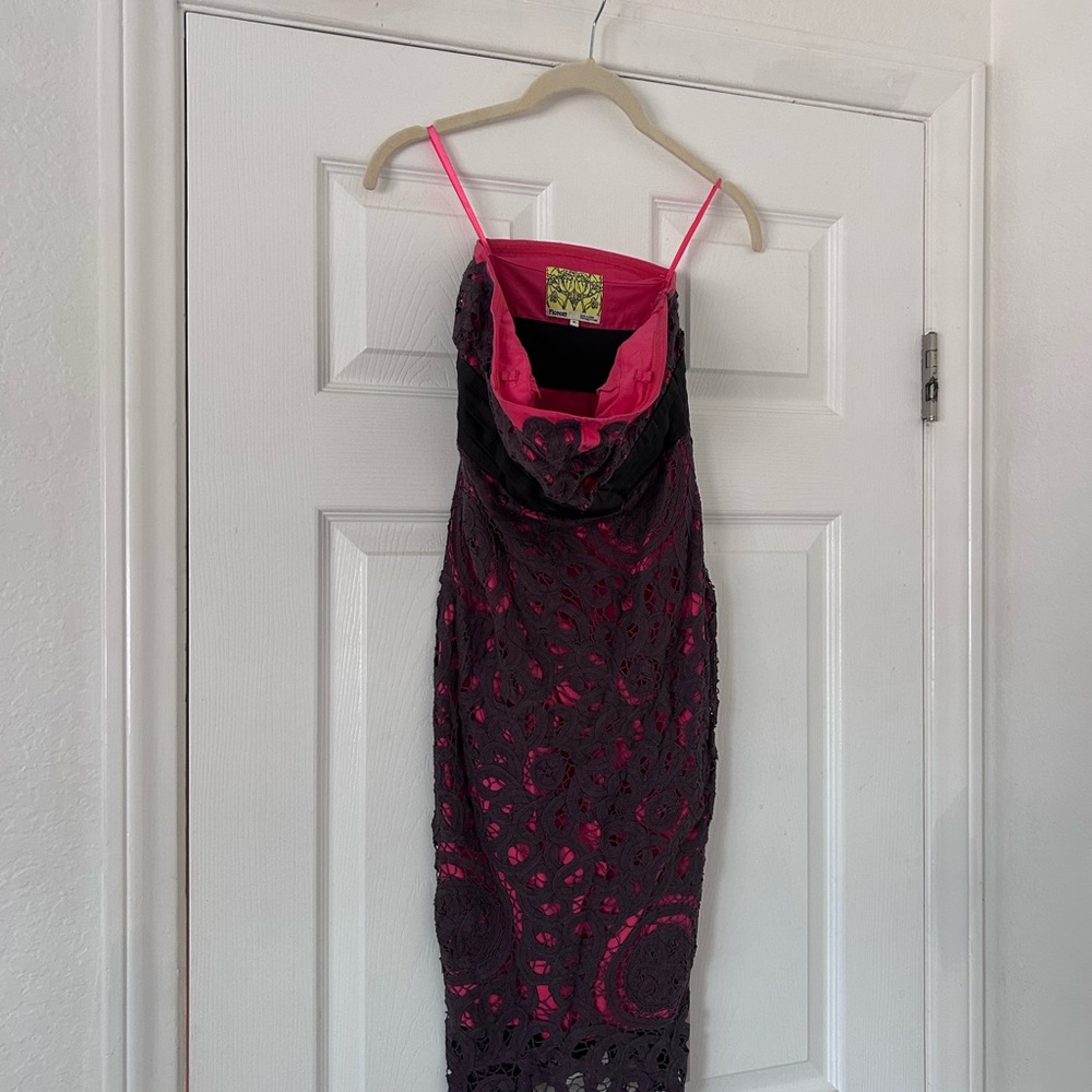 Floreat Black Lace Midi Dress with Hot Pink Lining
